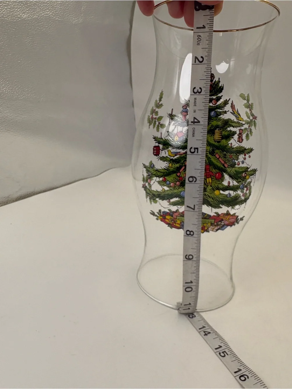 Large Spode Christmas Tree Glass Hurricane with Gold Rim